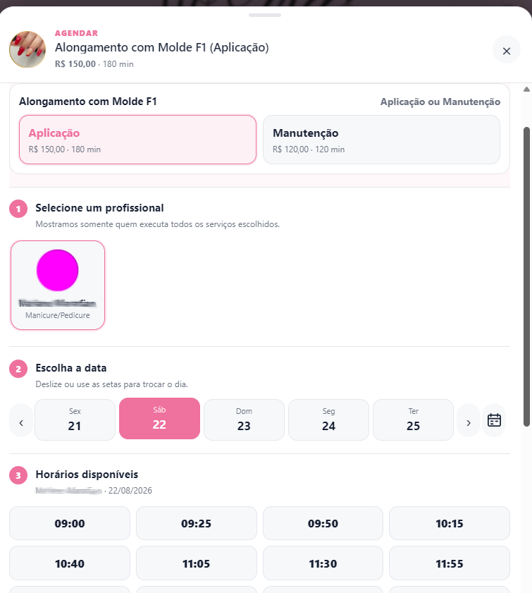 Fluxo de escolha de profissional, data e horário no AgendaFlow