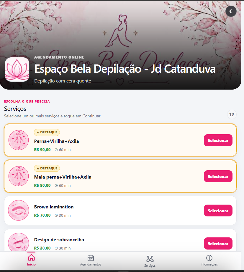 Lista de serviços de depilação no AgendaFlow