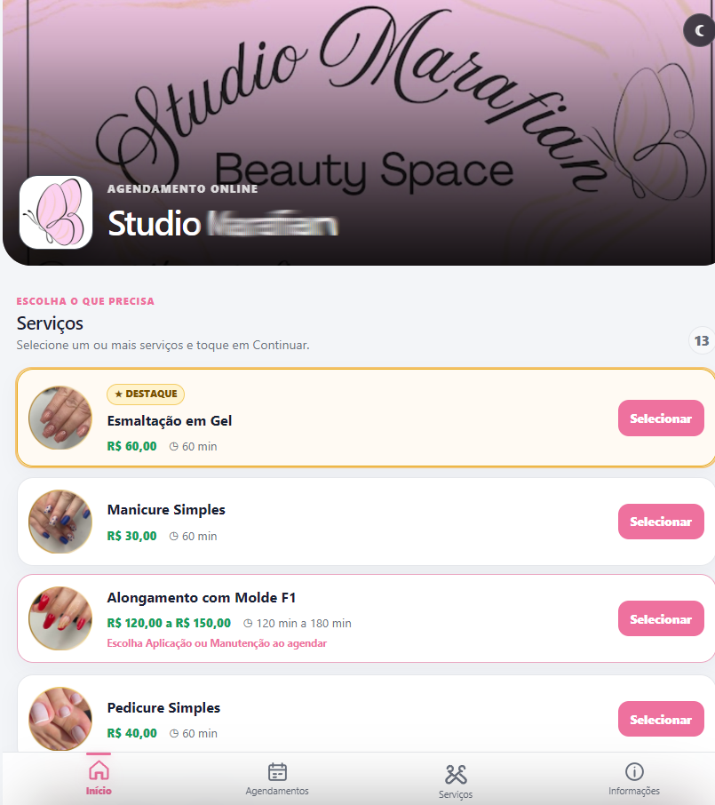 Lista de serviços de um studio no AgendaFlow